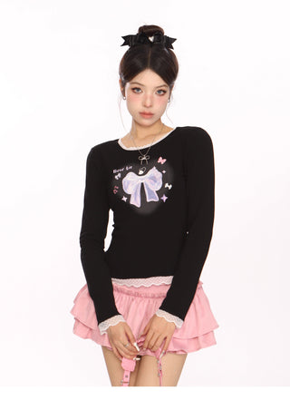 Bow lace stitching slim Acubi top