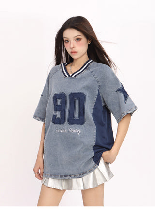 V-neck heavy denim sporty Top