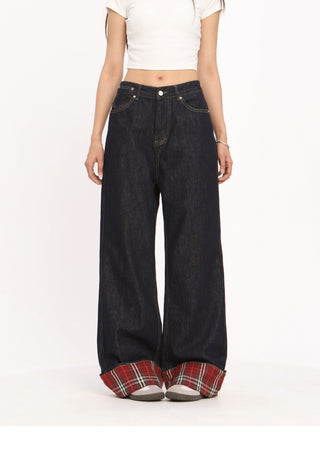 Retro red plaid hem jeans