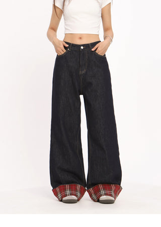 Retro red plaid hem jeans