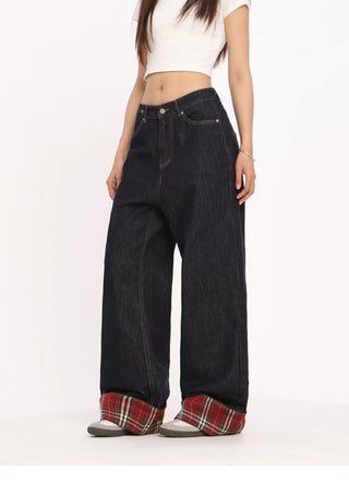 Retro red plaid hem jeans