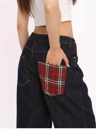 Retro red plaid hem jeans