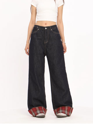 Retro red plaid hem jeans