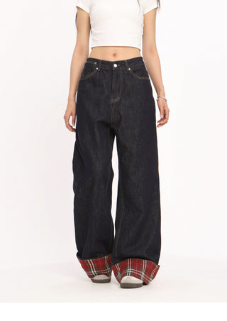 Retro red plaid hem jeans