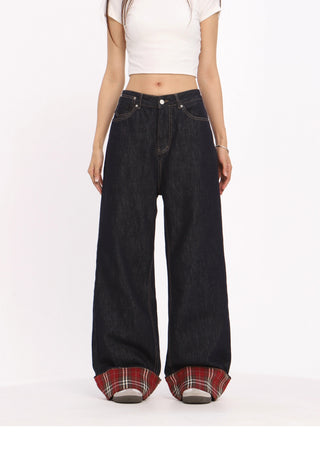 Retro red plaid hem jeans