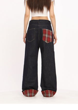 Retro red plaid hem jeans