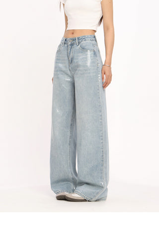 Retro washed sequined blue jeans