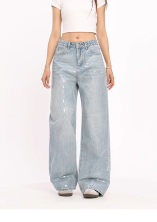 Retro washed sequined blue jeans