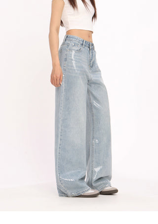 Retro washed sequined blue jeans