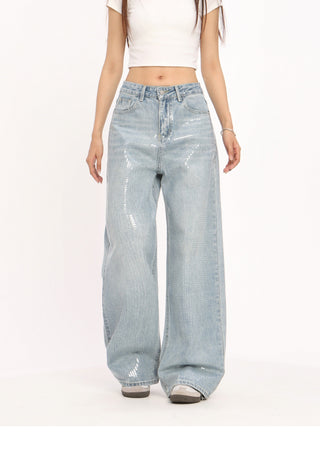 Retro washed sequined blue jeans