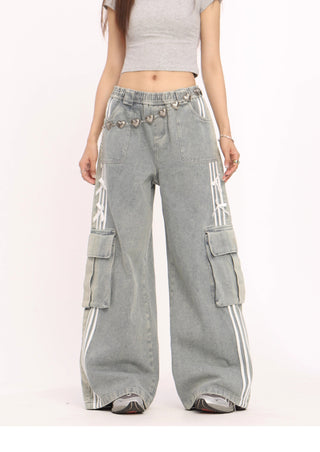 Stripe cargo wide-leg pants