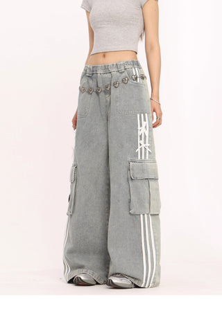 Stripe cargo wide-leg pants