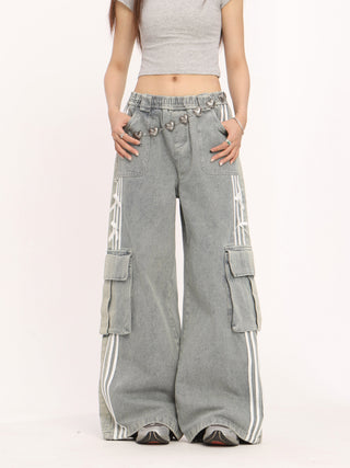 Stripe cargo wide-leg pants