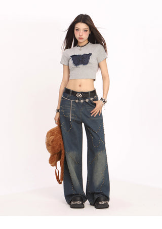 Butterfly rivet high waist jeans