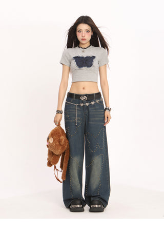 Butterfly rivet high waist jeans