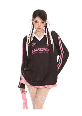 Mesh Sporty Lettering long-sleeve top