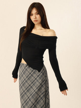 Retro one-shoulder long-sleeved top