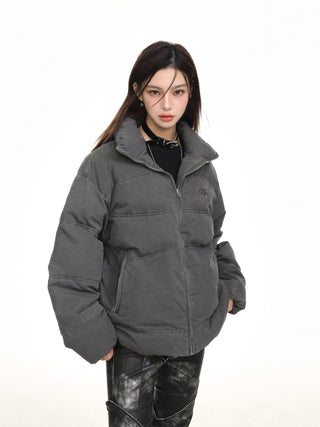 Distressed stand collar puffer jacket