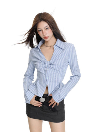 French blue striped V-neck long-sleeved shirt