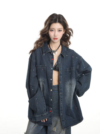 Blue colored graffiti denim shirt jacket