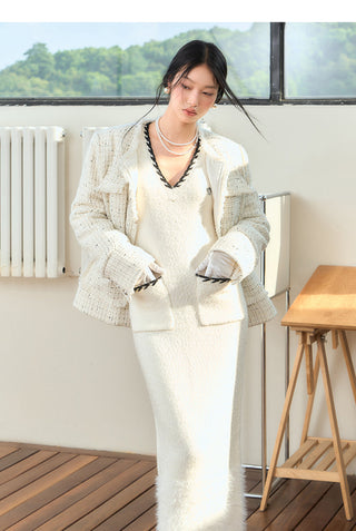 [NAWS] Woolen Mohair V-Neck Knit Dress White