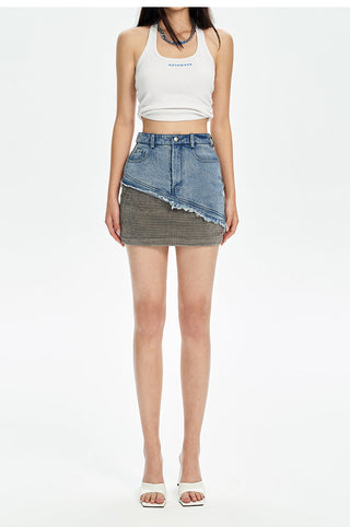 [NAWS] Washed Denim Splicing Low-Rise Skirt