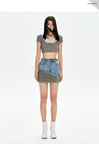 [NAWS] Washed Denim Splicing Low-Rise Skirt