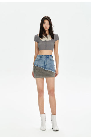 [NAWS] Washed Denim Splicing Low-Rise Skirt