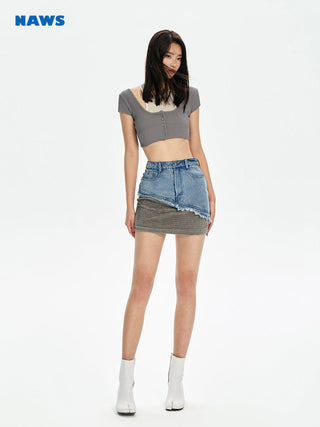 [NAWS] Washed Denim Splicing Low-Rise Skirt