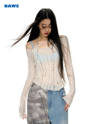 [NAWS] Slim-fitting Ripped Knit Cardigan white