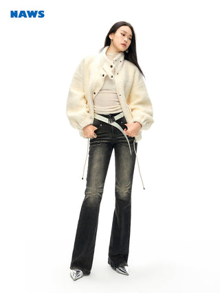 [NAWS] Rose-embroidered detail wide-leg jeans