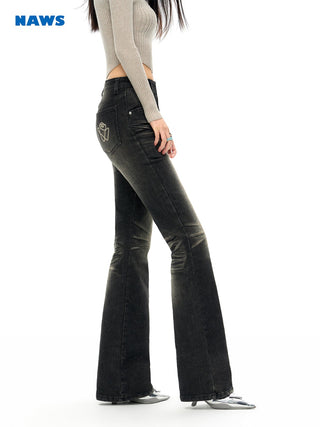 [NAWS] Rose-embroidered detail wide-leg jeans