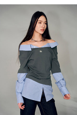 [NAWS] Sweater Off-Shoulder Pleated Shirt