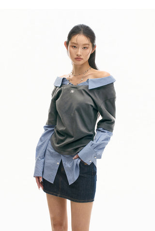 [NAWS] Sweater Off-Shoulder Pleated Shirt