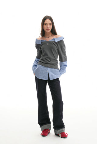 [NAWS] Sweater Off-Shoulder Pleated Shirt