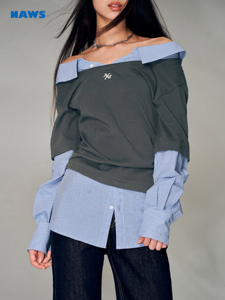 [NAWS] Sweater Off-Shoulder Pleated Shirt