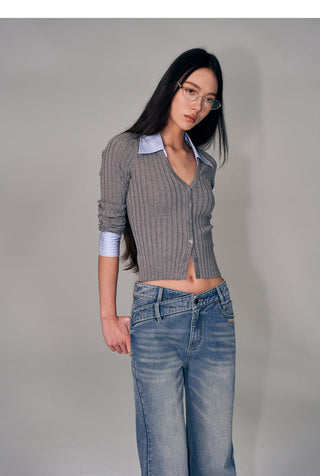 [NAWS] Gray Knitted Wool Shoulder Long Sleeve Top