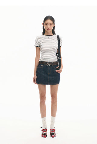 [NAWS]  Denim Skirt Retro Mid Waist Cotton Skirt