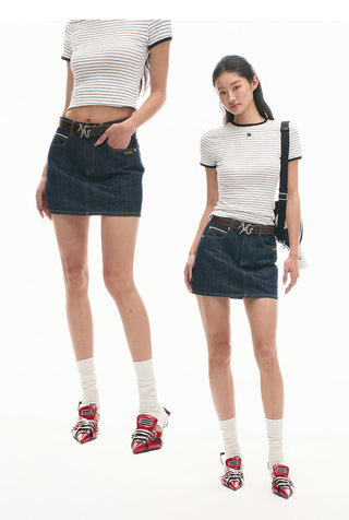 [NAWS]  Denim Skirt Retro Mid Waist Cotton Skirt