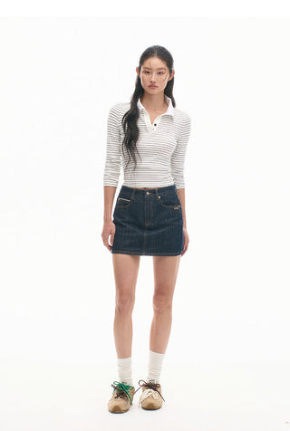 [NAWS]  Denim Skirt Retro Mid Waist Cotton Skirt