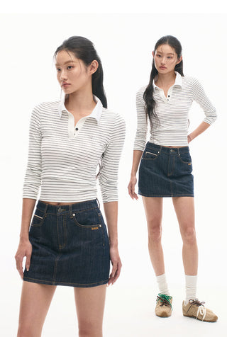 [NAWS]  Denim Skirt Retro Mid Waist Cotton Skirt