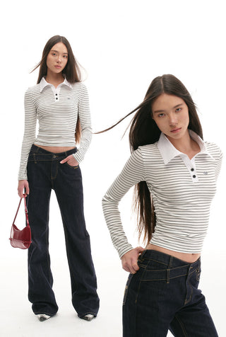 [NAWS]  Long Sleeve Polo Striped Retro T-Shirt