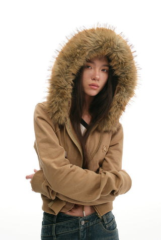 [NAWS] Gold Sweater Retro Furry Hooded Zipper Jacket