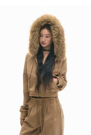 [NAWS] Gold Sweater Retro Furry Hooded Zipper Jacket