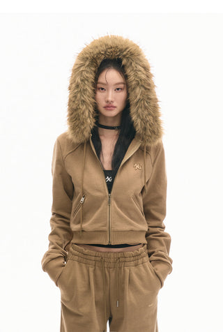 [NAWS] Gold Sweater Retro Furry Hooded Zipper Jacket