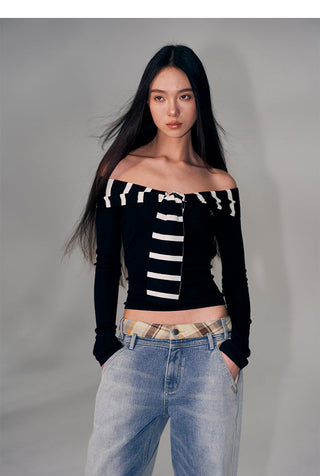 [NAWS] Classic Style Sweater Sailor Collar Off-Shoulder Top