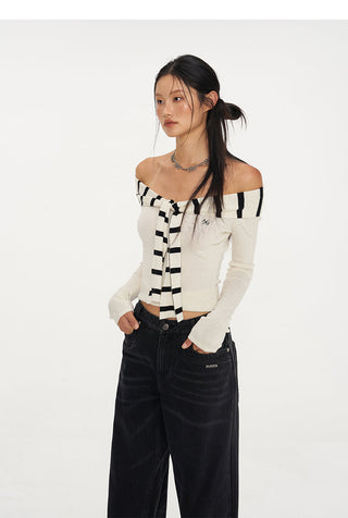 [NAWS] Classic Style Sweater Sailor Collar Off-Shoulder Top