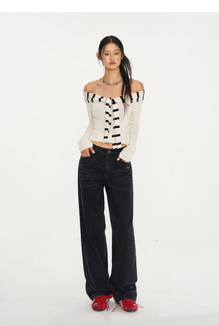 [NAWS] Classic Style Sweater Sailor Collar Off-Shoulder Top