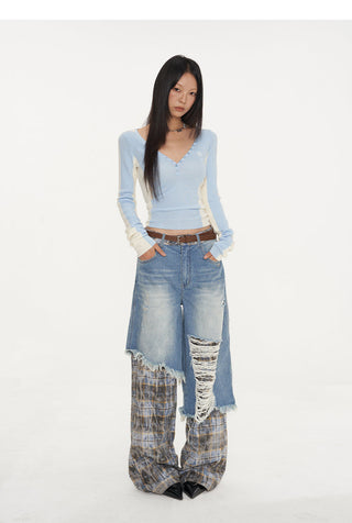 [NAWS] Plaid Stitching Wide Leg Jeans