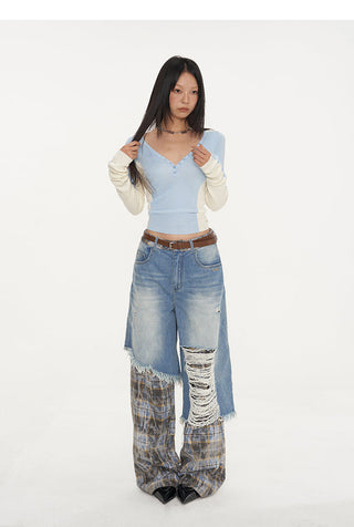 [NAWS] Plaid Stitching Wide Leg Jeans